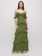 Olive Green Chiffon Sheath Off-the-Shoulder Back Zip Floor-Length Ruffle Bridesmaid Dress - Curvevia