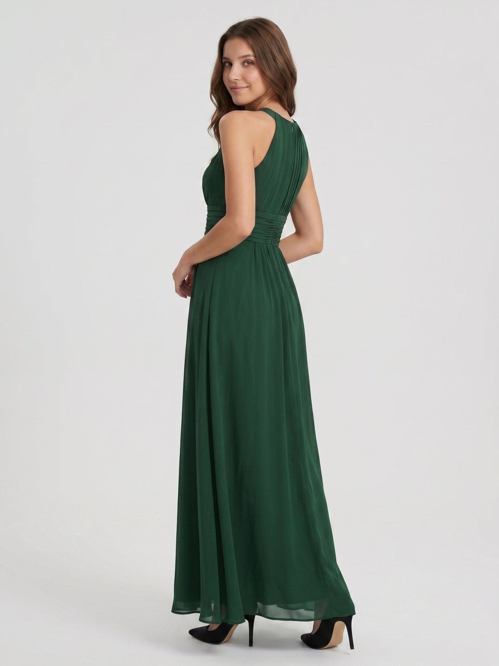 Forest Green Chiffon A-Line Halter Back Zip Floor-Length Pleated Bridesmaid Dress - Curvevia