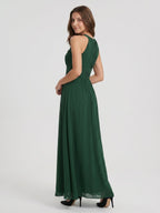 Forest Green Chiffon A-Line Halter Back Zip Floor-Length Pleated Bridesmaid Dress - Curvevia
