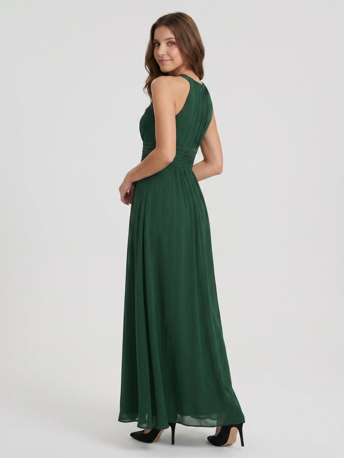 Forest Green Chiffon A-Line Halter Back Zip Floor-Length Pleated Bridesmaid Dress - Curvevia