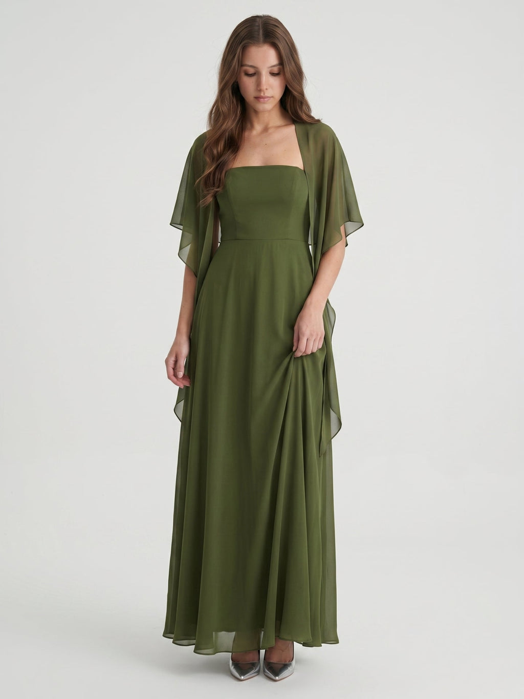 Olive Green Chiffon A-Line Straight Neck Backless Floor-Length Bridesmaid Dress with Cape - Curvevia