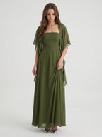 Olive Green Chiffon A-Line Straight Neck Backless Floor-Length Bridesmaid Dress with Cape - Curvevia