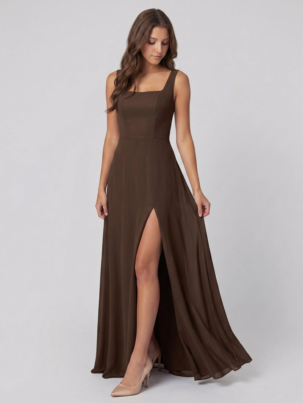 Mocha Chiffon A-Line Square Neck Backless Floor-Length Bridesmaid Dress - Curvevia