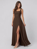 Mocha Chiffon A-Line Square Neck Backless Floor-Length Bridesmaid Dress - Curvevia