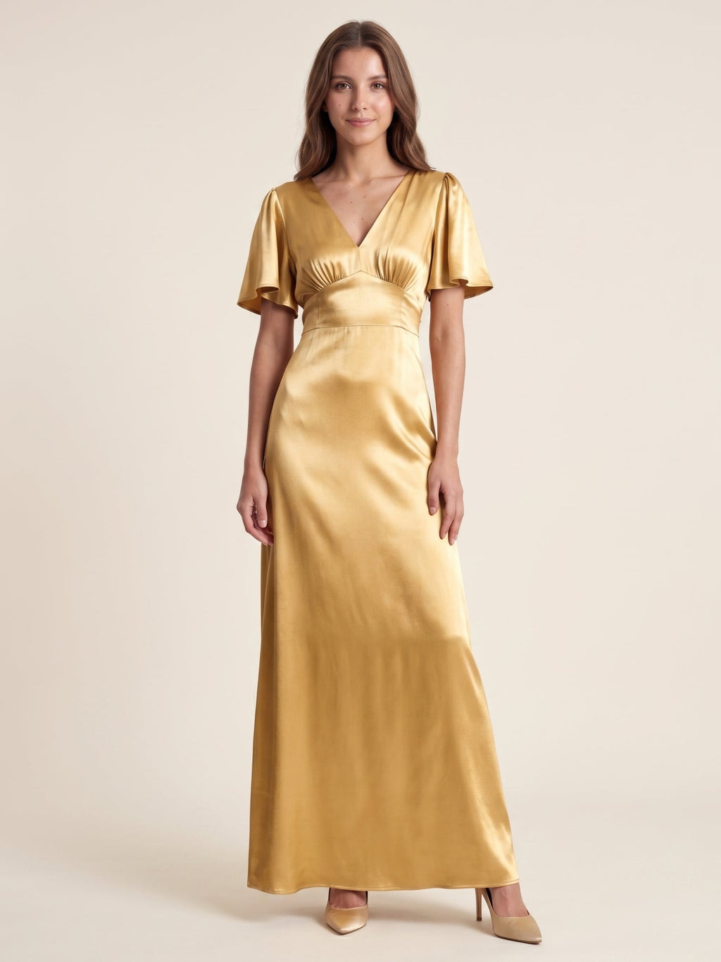 Elegant Gold Satin A-Line V-Neck V-Back Ankle-Length Bridesmaid Dress - Curvevia