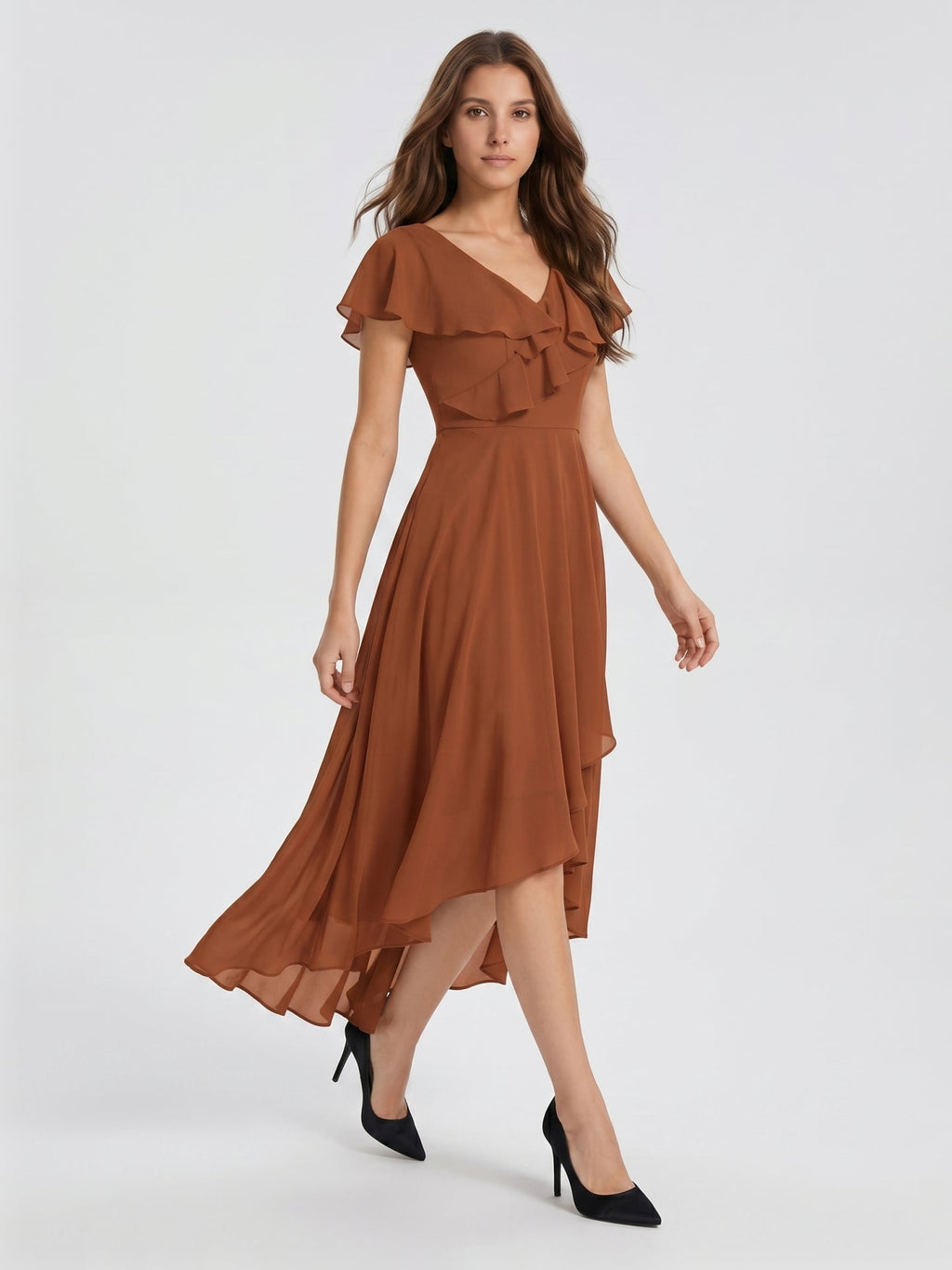 Terracotta Chiffon A-Line V-Neck V-Back Asymmetrical Ruffle Bridesmaid Dress - Curvevia