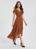 Terracotta Chiffon A-Line V-Neck V-Back Asymmetrical Ruffle Bridesmaid Dress - Curvevia