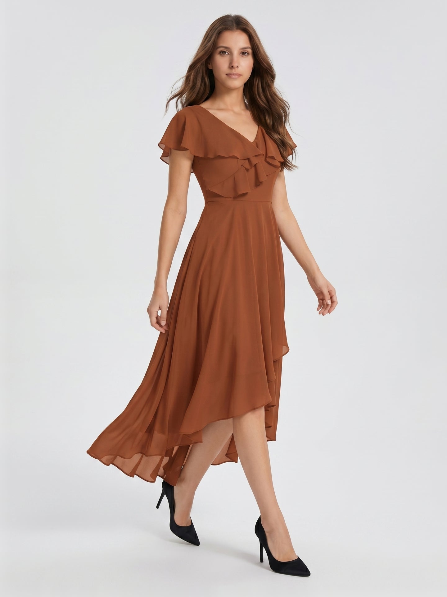 Terracotta Chiffon A-Line V-Neck V-Back Asymmetrical Ruffle Bridesmaid Dress - Curvevia