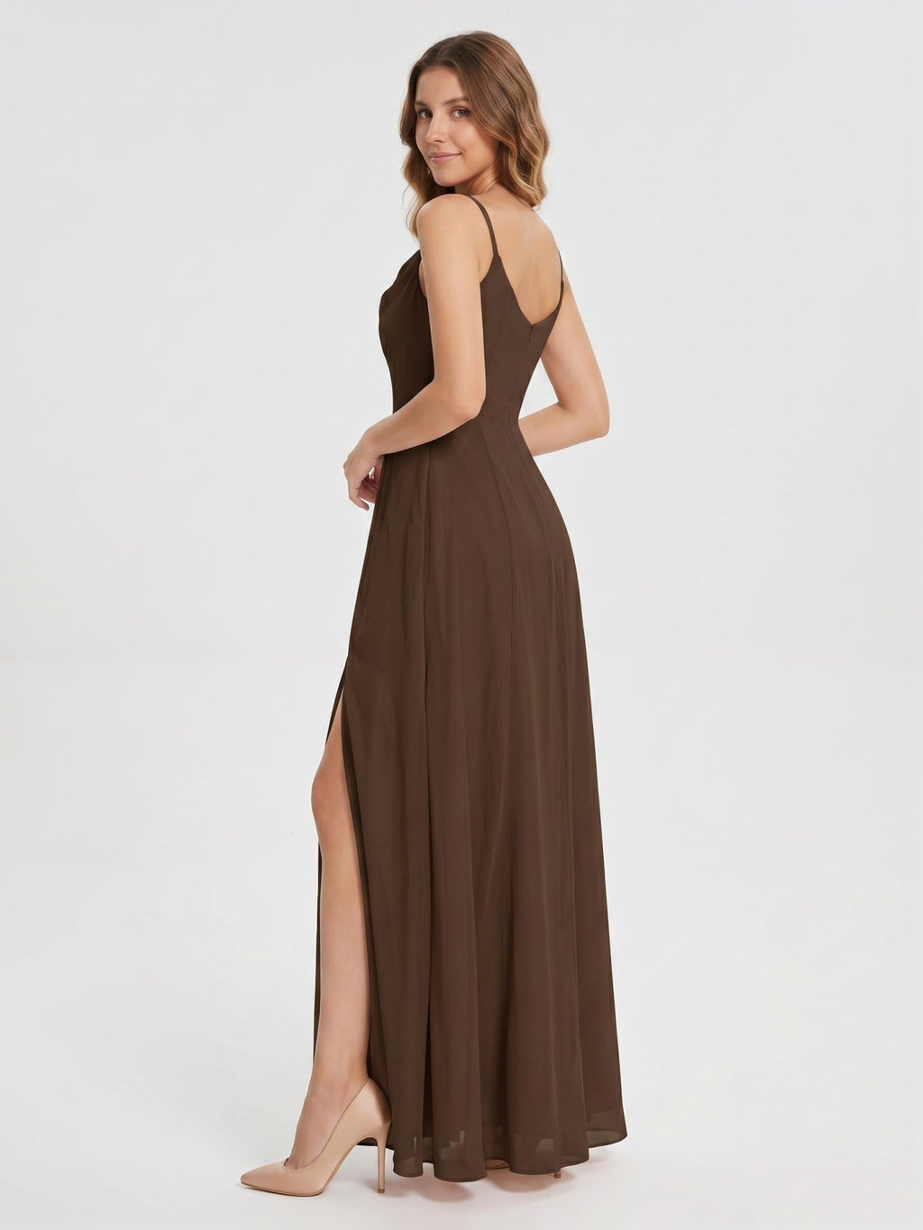Mocha Chiffon Sheath Cowl Neck Backless Ankle-Length Bridesmaid Dress - Curvevia