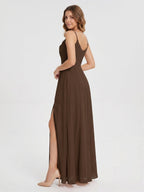 Mocha Chiffon Sheath Cowl Neck Backless Ankle-Length Bridesmaid Dress - Curvevia