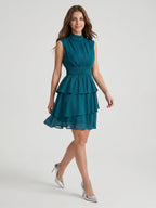 Teal Chiffon A-Line Scoop Neck Back Zip Knee-Length Cascading Ruffle Bridesmaid Dress - Curvevia