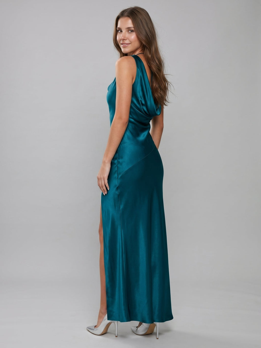 Teal Satin Sheath Cowl Neck Backless Ankle-Length Bridesmaid Dress - Curvevia