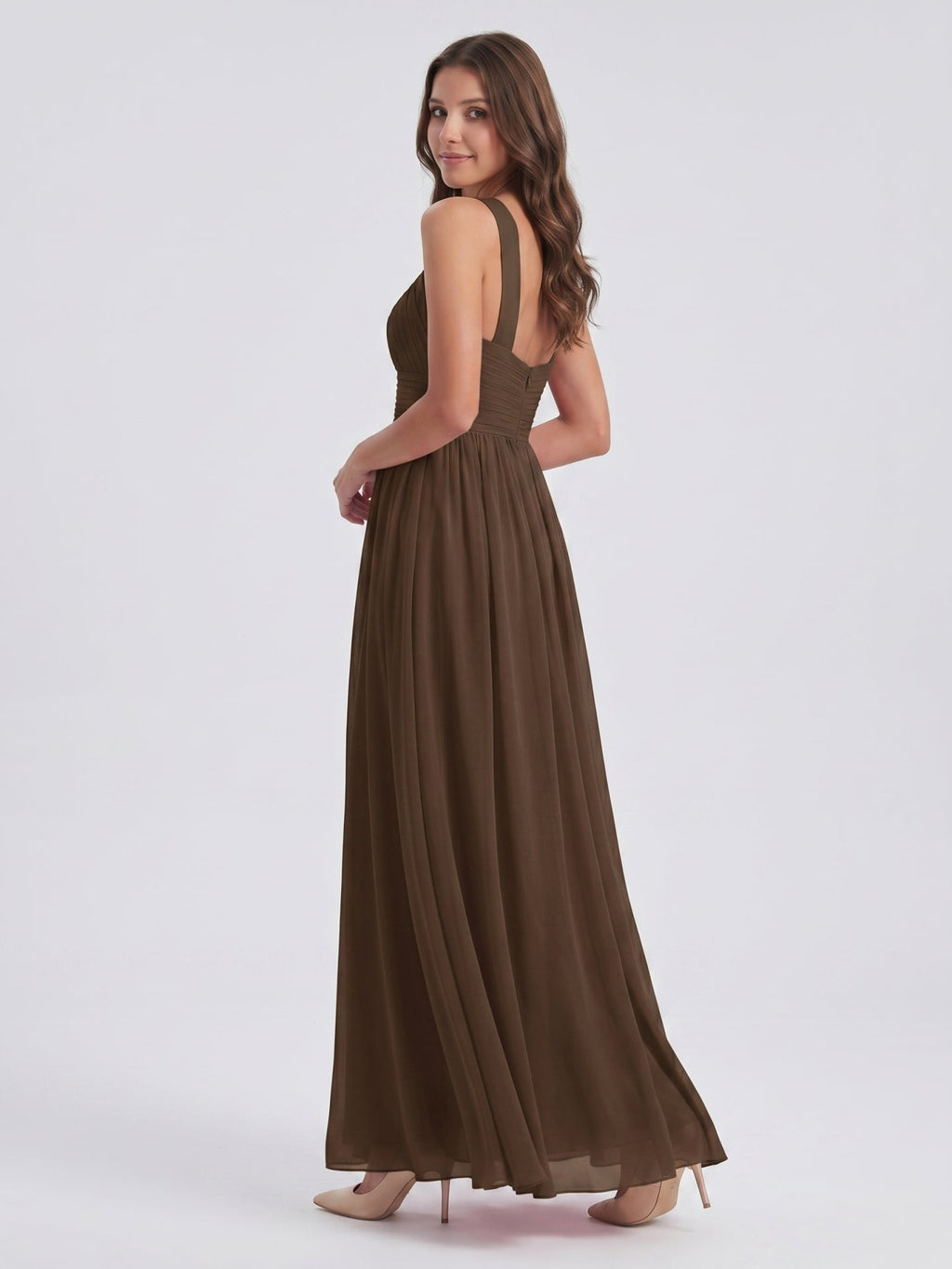 Mocha Chiffon A-Line Halter Backless Floor-Length Bridesmaid Dress - Curvevia