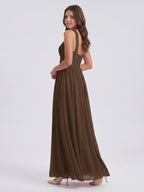 Mocha Chiffon A-Line Halter Backless Floor-Length Bridesmaid Dress - Curvevia