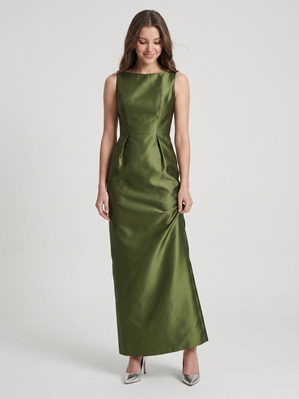 Olive Green Satin Column Straight Neck V-Back Floor-Length Bridesmaid Dress with Pockets - Curvevia
