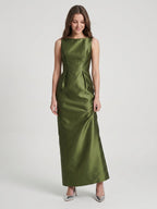 Olive Green Satin Column Straight Neck V-Back Floor-Length Bridesmaid Dress with Pockets - Curvevia