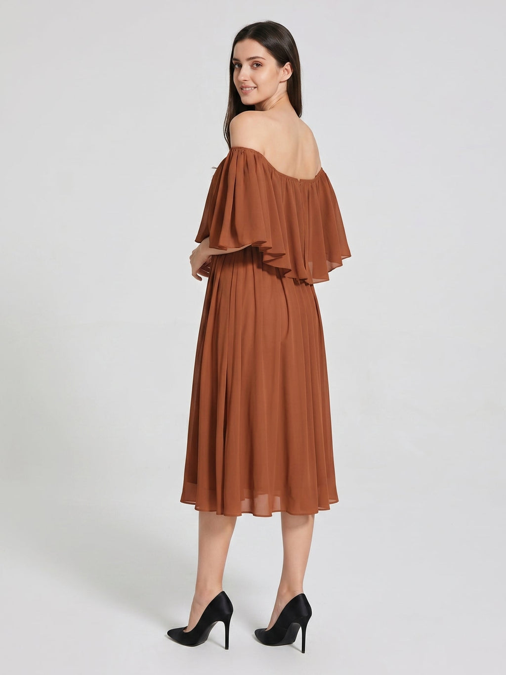 Terracotta Chiffon A-Line Off-the-Shoulder Backless Tea-Length Ruffle Bridesmaid Dress - Curvevia