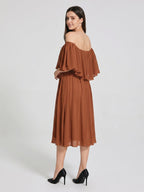 Terracotta Chiffon A-Line Off-the-Shoulder Backless Tea-Length Ruffle Bridesmaid Dress - Curvevia