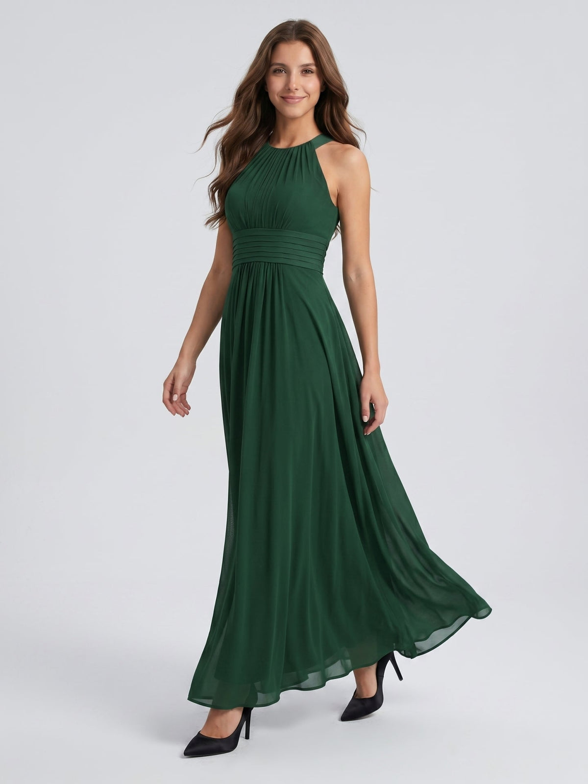 Forest Green Chiffon A-Line Halter Back Zip Floor-Length Pleated Bridesmaid Dress - Curvevia