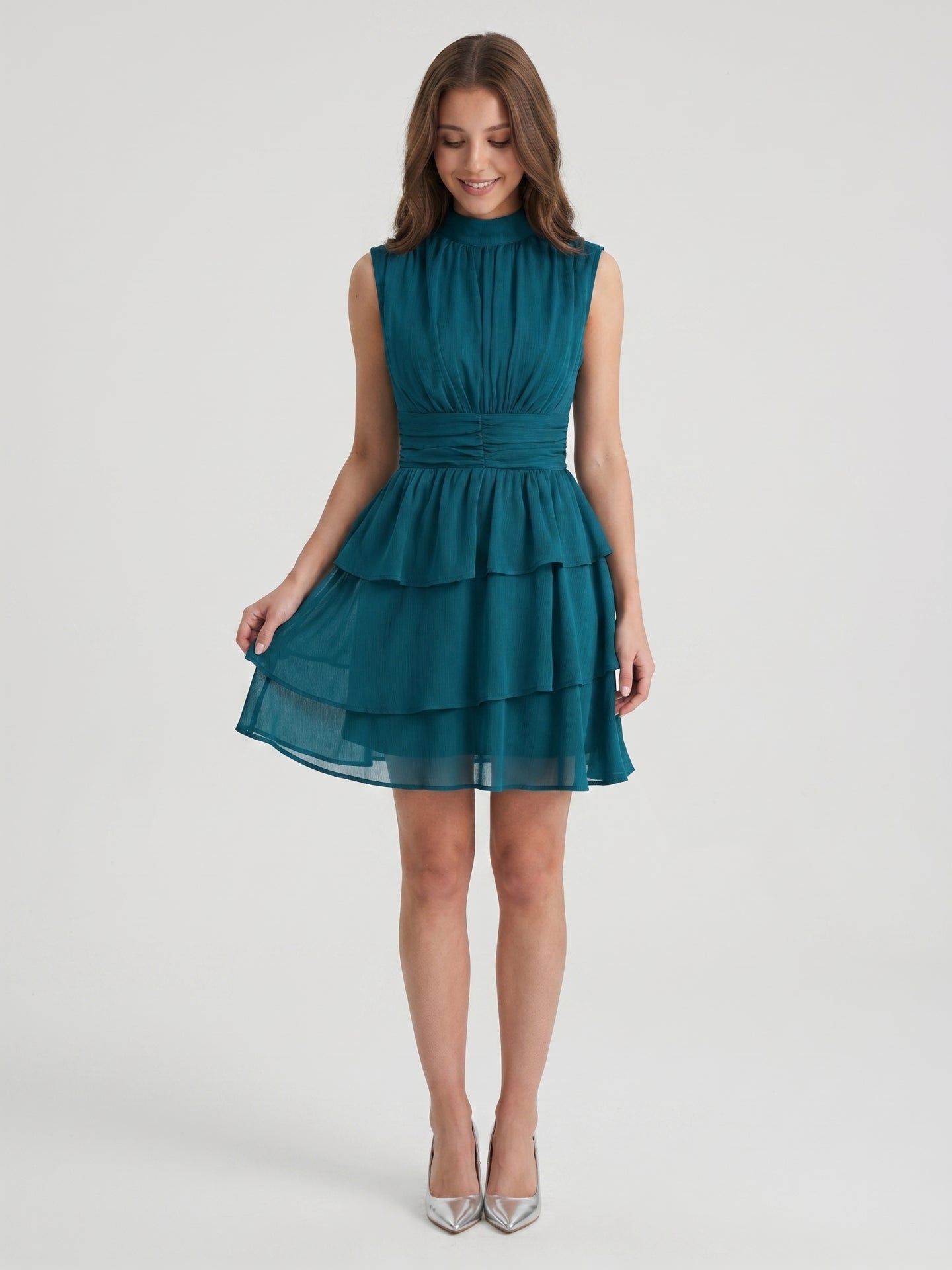 Teal Chiffon A-Line Scoop Neck Back Zip Knee-Length Cascading Ruffle Bridesmaid Dress - Curvevia