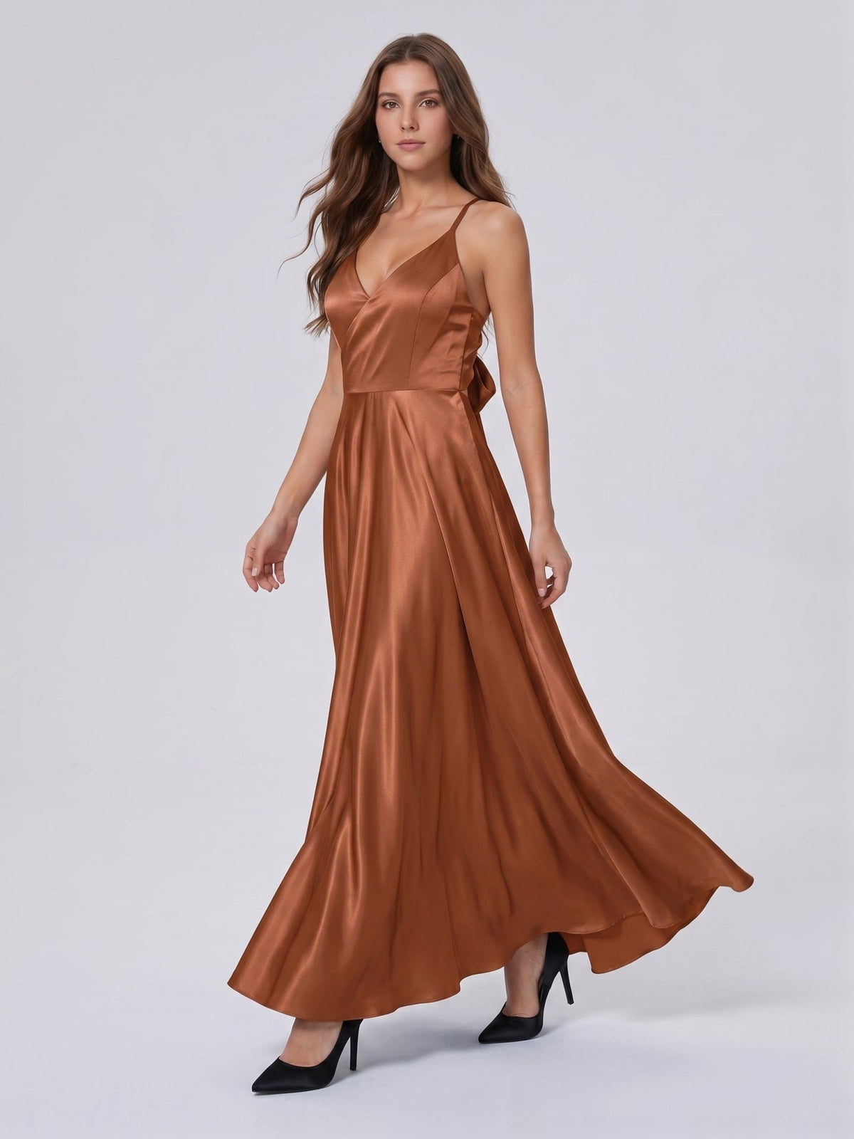 Terracotta Satin A-Line V-Neck Bow Back Floor-Length Bridesmaid Dress with Bow - Curvevia