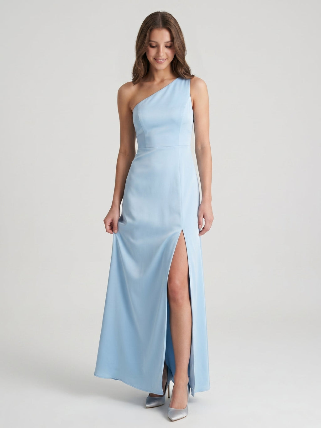 Fluid Sky Blue Matte Satin Trumpet One Shoulder Back Zip Ankle-Length Bridesmaid Dress - Curvevia