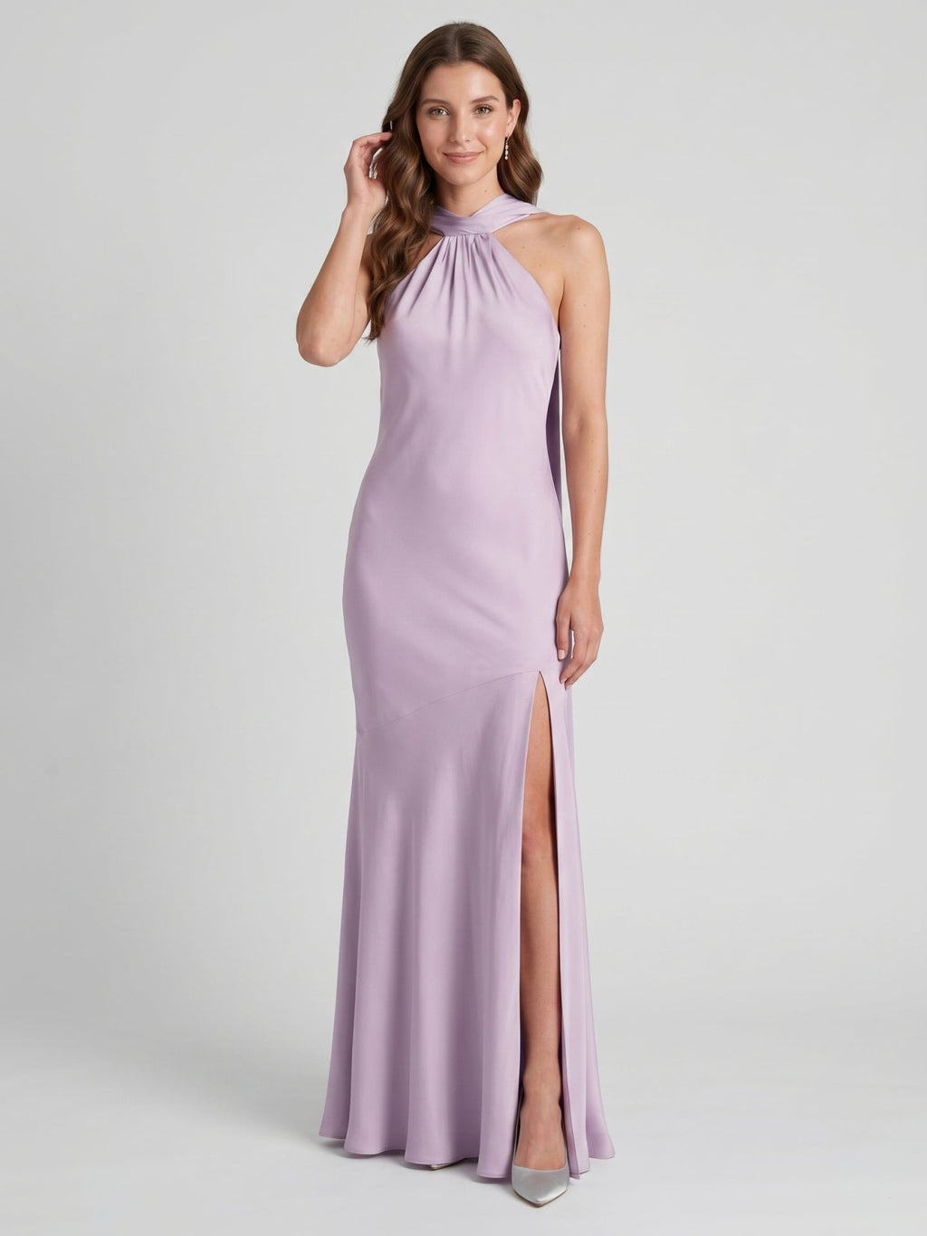 Elegant Lavender Matte Satin Sheath Halter neckline Back Zip Ankle-Length Bridesmaid Dress - Curvevia