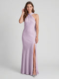 Elegant Lavender Matte Satin Sheath Halter neckline Back Zip Ankle-Length Bridesmaid Dress - Curvevia