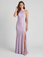 Elegant Lavender Matte Satin Sheath Halter neckline Back Zip Ankle-Length Bridesmaid Dress - Curvevia
