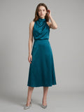 Teal Satin Sheath Scoop Neck Back Zip Tea-Length Bridesmaid Dress - Curvevia