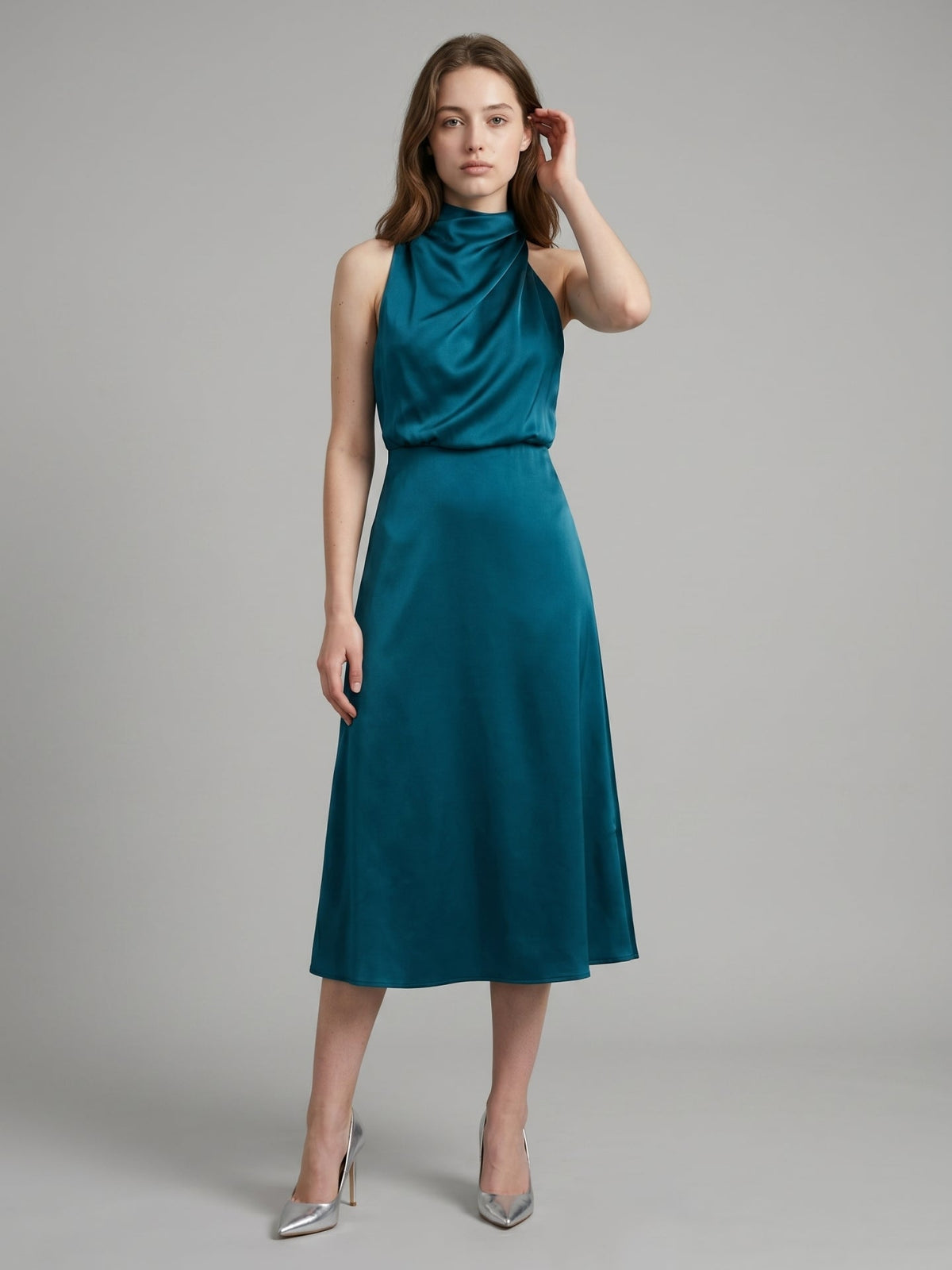 Teal Satin Sheath Scoop Neck Back Zip Tea-Length Bridesmaid Dress - Curvevia