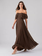 Mocha Chiffon A-Line Off-the-Shoulder Backless Floor-Length Ruffle Bridesmaid Dress - Curvevia