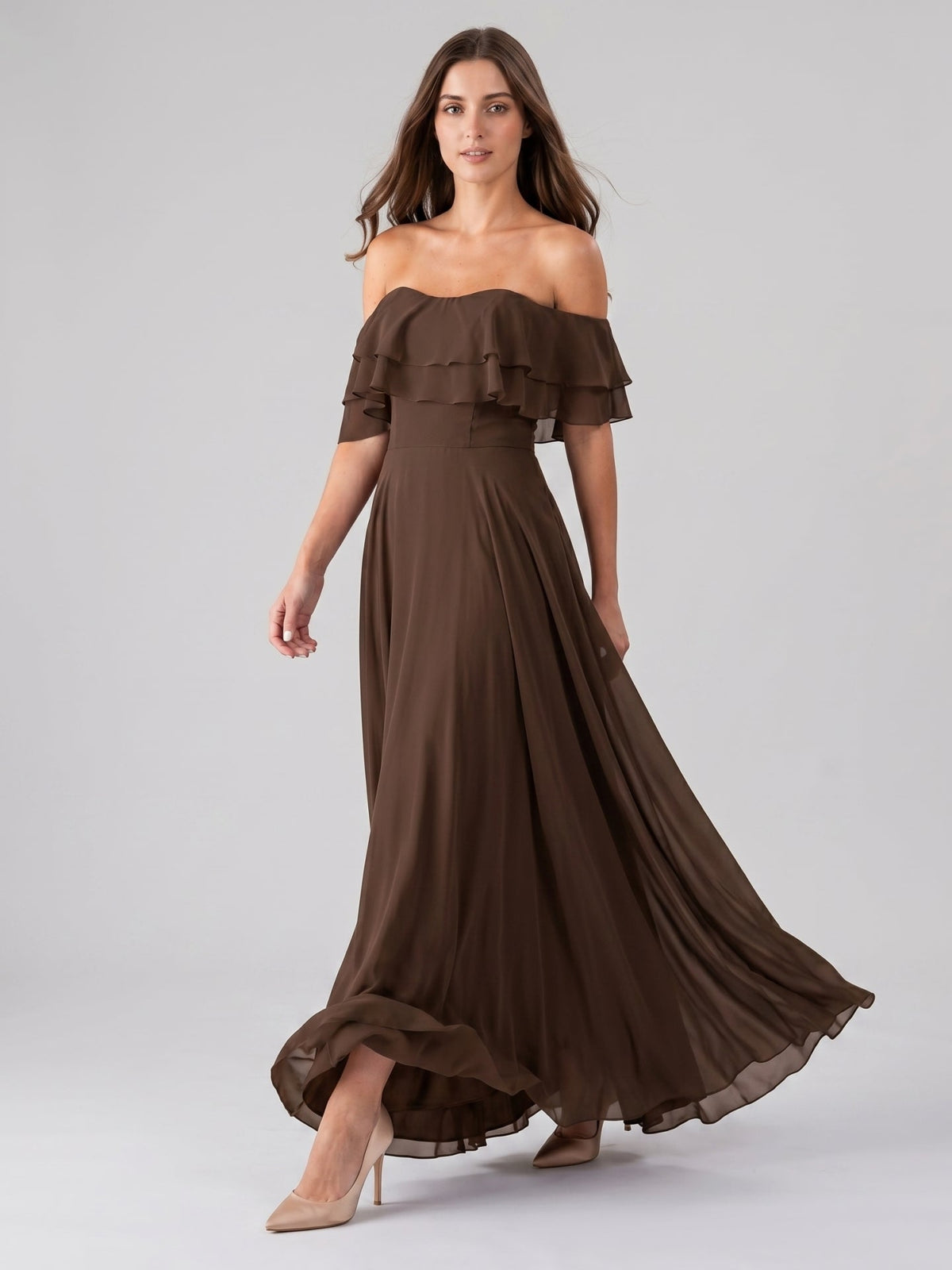 Mocha Chiffon A-Line Off-the-Shoulder Backless Floor-Length Ruffle Bridesmaid Dress - Curvevia