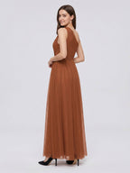 Terracotta Tulle A-Line One Shoulder Back Zip Floor-Length Bridesmaid Dress - Curvevia