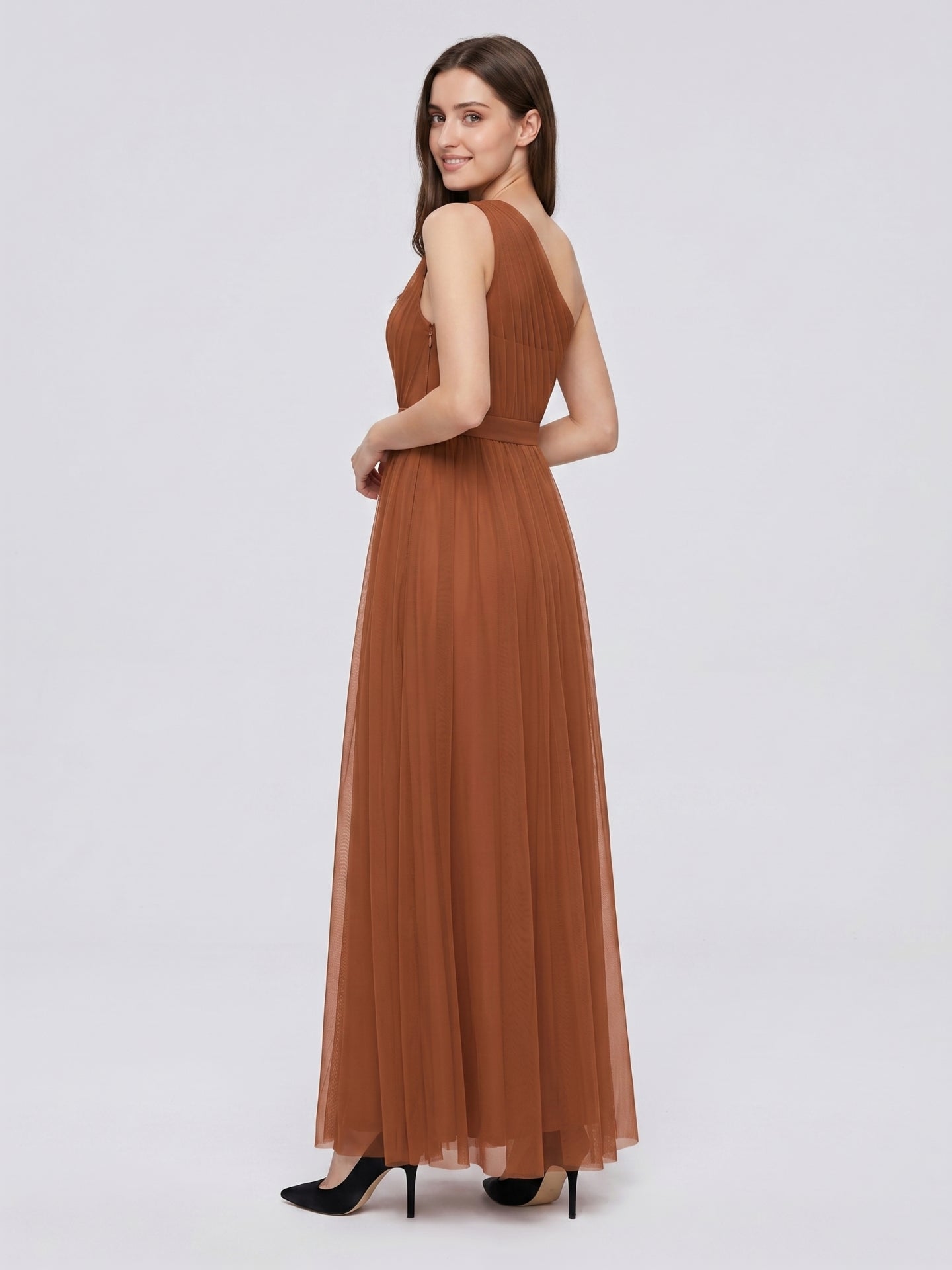 Terracotta Tulle A-Line One Shoulder Back Zip Floor-Length Bridesmaid Dress - Curvevia