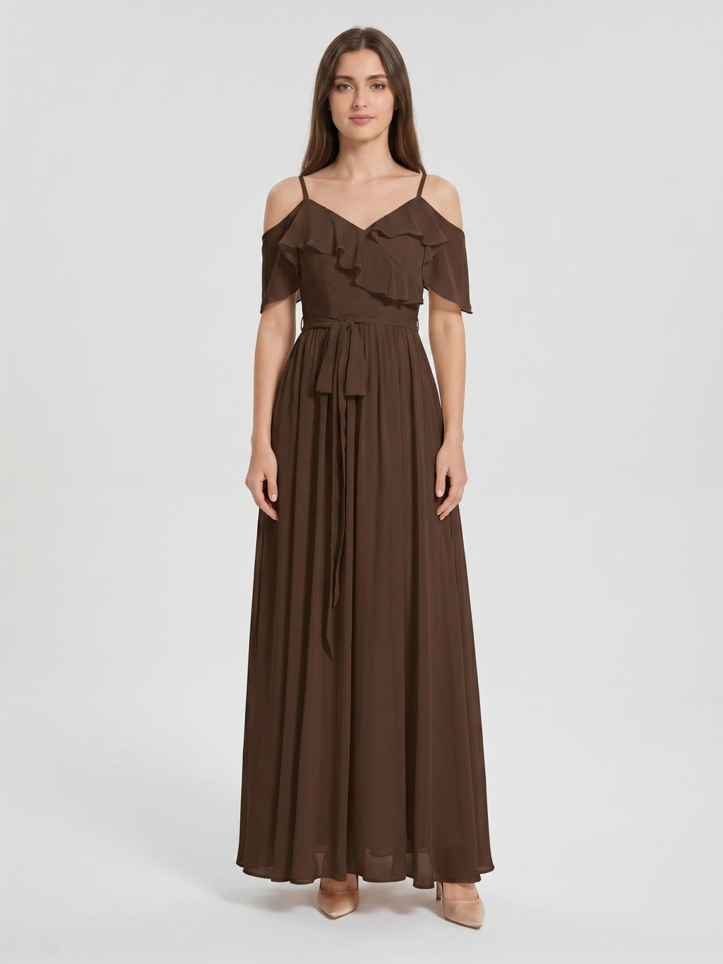 Mocha Chiffon A-Line Off-the-Shoulder V-Back Floor-Length Ruffle Bridesmaid Dress - Curvevia