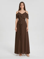 Mocha Chiffon A-Line Off-the-Shoulder V-Back Floor-Length Ruffle Bridesmaid Dress - Curvevia