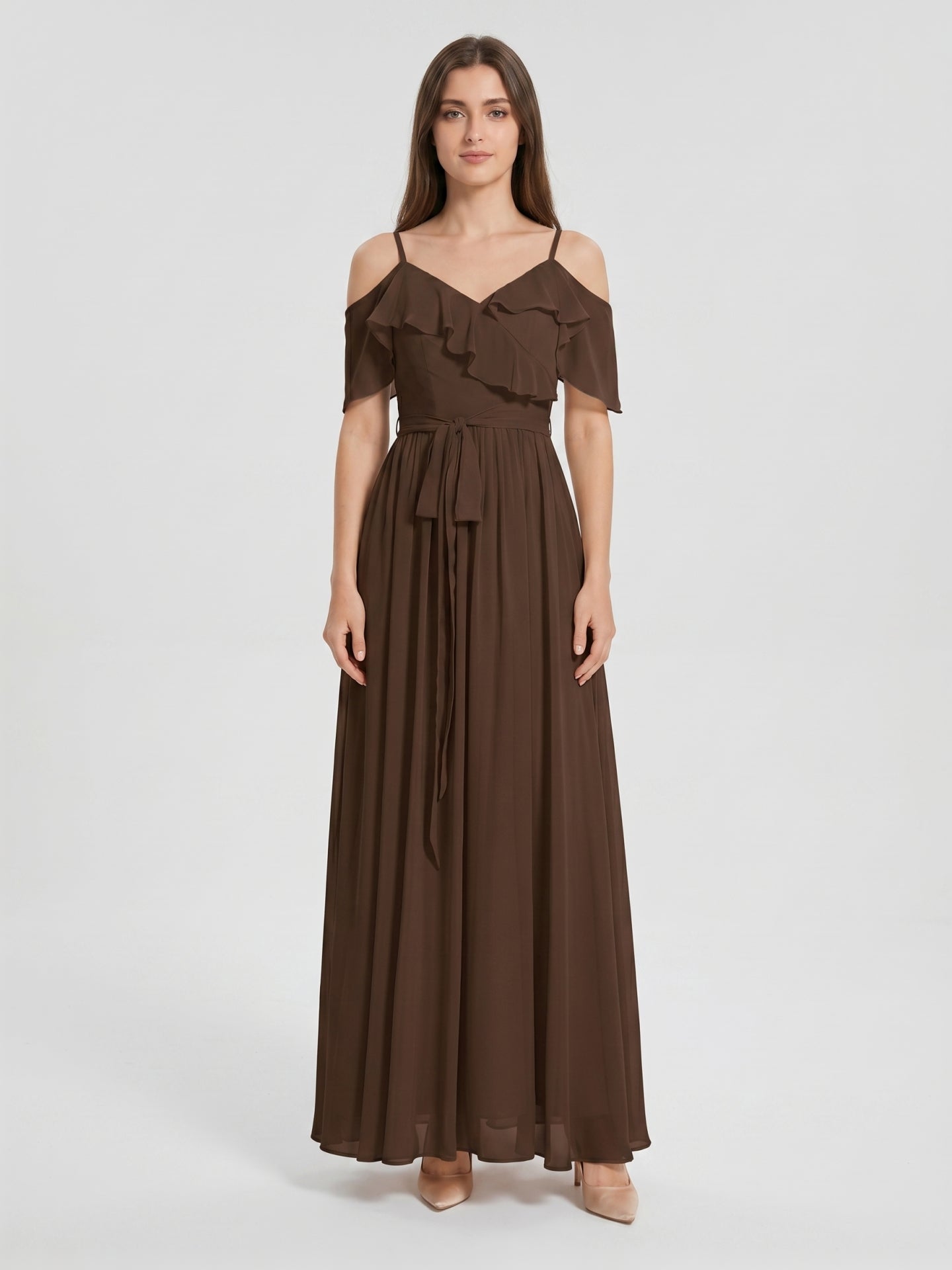 Mocha Chiffon A-Line Off-the-Shoulder V-Back Floor-Length Ruffle Bridesmaid Dress - Curvevia