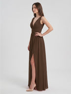 Mocha Chiffon A-Line V-Neck V-Back Ankle-Length Pleated Bridesmaid Dress - Curvevia