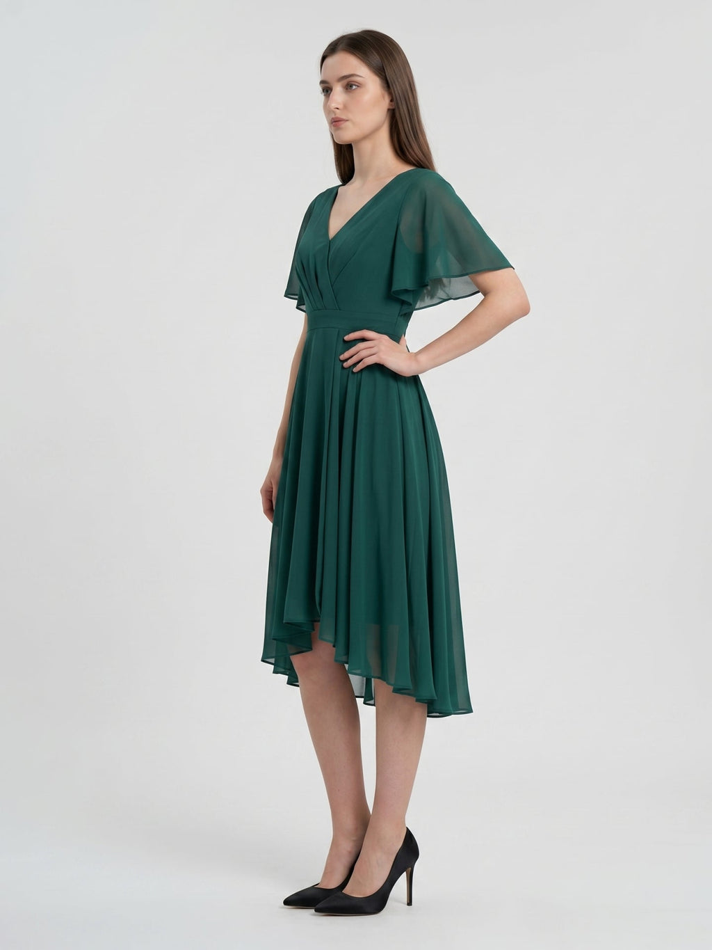 Peacock Chiffon A-Line V-Neck Back Zip Asymmetrical Pleated Bridesmaid Dress - Curvevia