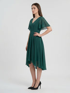 Peacock Chiffon A-Line V-Neck Back Zip Asymmetrical Pleated Bridesmaid Dress - Curvevia