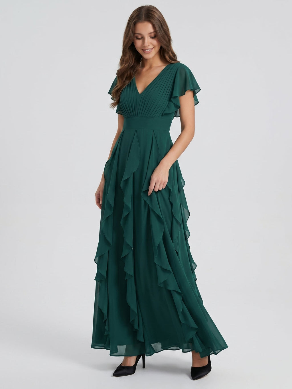 Peacock Chiffon A-Line V-Neck V-Back Floor-Length Ruffle Bridesmaid Dress - Curvevia