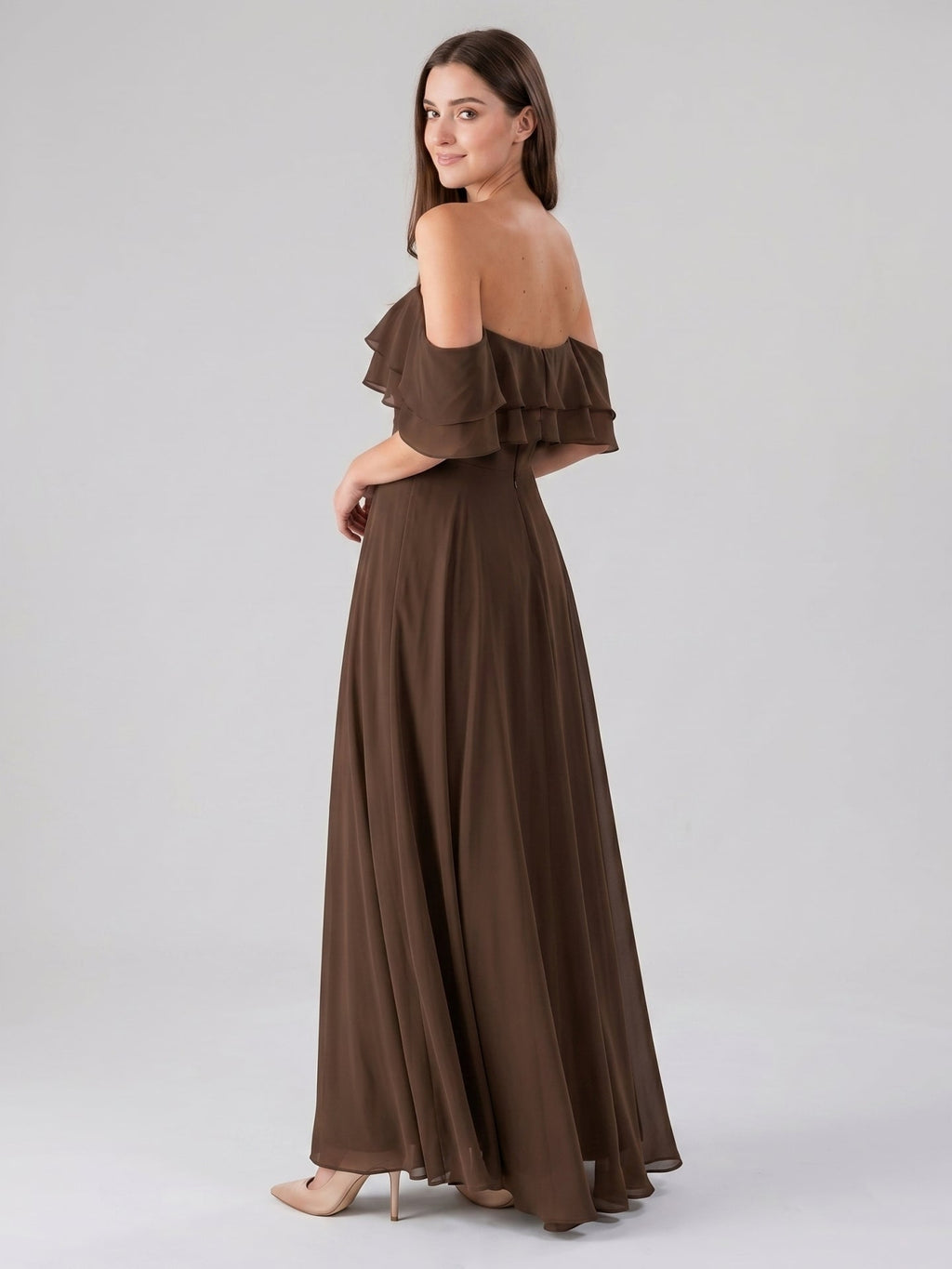 Mocha Chiffon A-Line Off-the-Shoulder Backless Floor-Length Ruffle Bridesmaid Dress - Curvevia