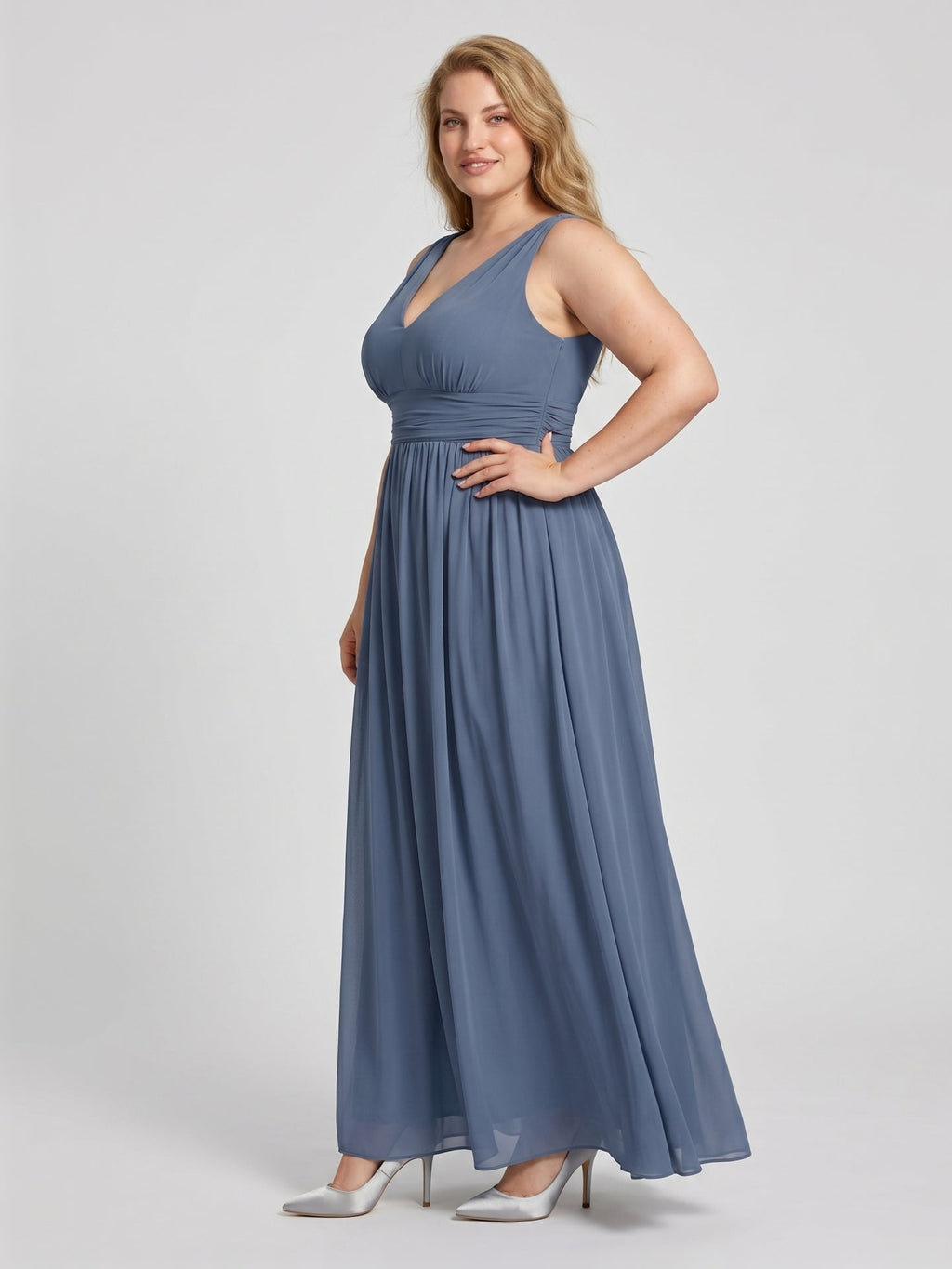 Simple Stormy Chiffon Empire V-Neck Back Zip Ankle-Length Plus Size Bridesmaid Dress - Curvevia