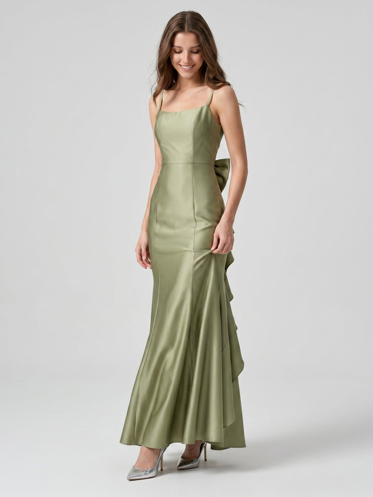 Elegant Sage Green Satin mermaid Straight Neck Backless with Bow Ankle-Length Bridesmaid Dress - Curvevia