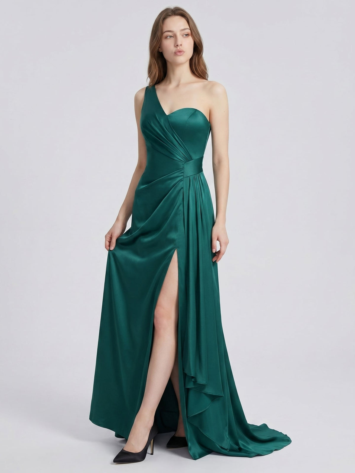 Peacock Satin Sheath One Shoulder Backless Floor-Length Pleated Bridesmaid Dress - Curvevia