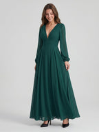 Peacock Chiffon A-Line V-Neck V-Back Floor-Length Bridesmaid Dress - Curvevia