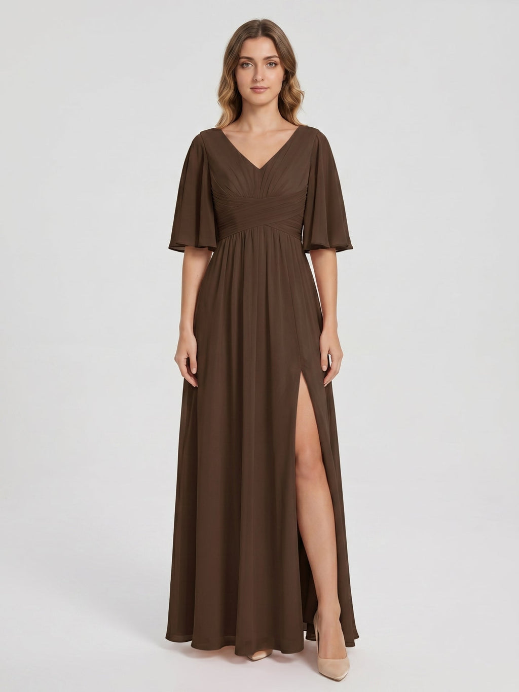 Mocha Chiffon A-Line V-Neck V-Back Ankle-Length Bridesmaid Dress - Curvevia