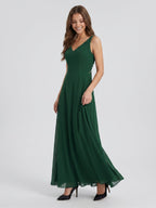 Forest Green Chiffon A-Line V-Neck Bow Back Floor-Length Bridesmaid Dress with Bow - Curvevia