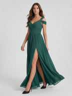 Peacock Chiffon A-Line V-Neck V-Back Floor-Length Pleated Bridesmaid Dress - Curvevia